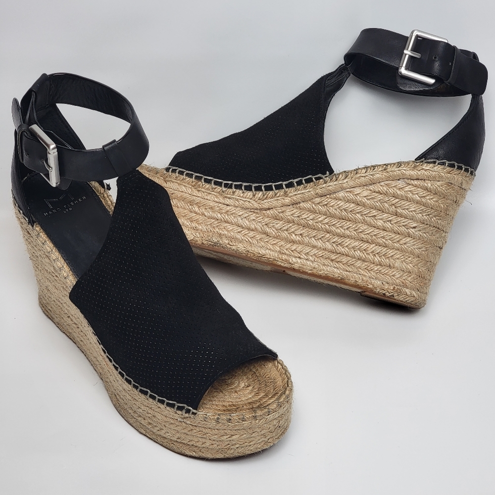 Marc Fisher MLANNIE ESPADRILLE WEDGE SANDAL, Black Leather, EUC, size 8.5 - Picture 3 of 8